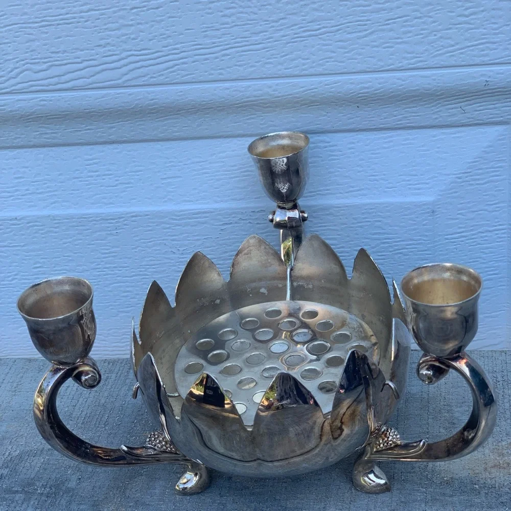 Vintage Brass Lotus 3 Arm Candelabra W/Flower Bowl & Candles/Holder Sliverplated